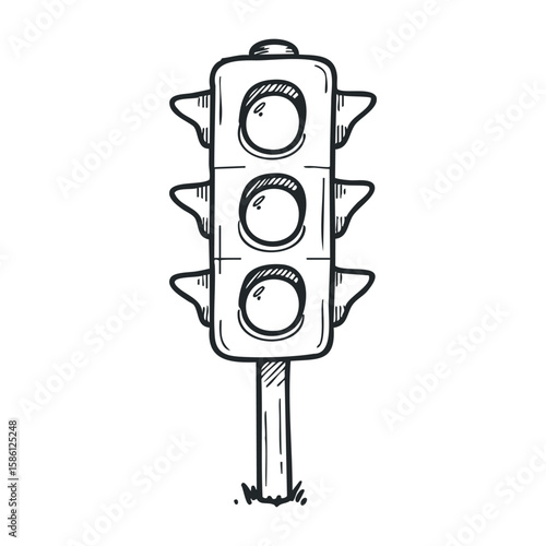 Hand-drawn traffic light sketch with simple black outlines on white background. Hand drawn vector illustration