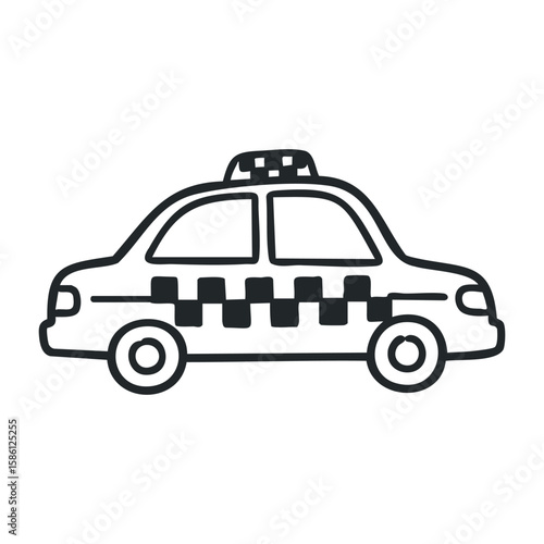 Black and white taxi icon with checkered pattern on side view. Hand drawn vector illustration
