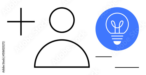 Abstract design of a user figure, light bulb symbolizing ideas, plus and minus signs. Ideal for creativity, innovation, user-centric design, problem-solving, brainstorming, profiles simple landing