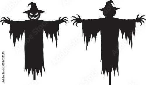 Two scary jack o lantern scarecrow silhouettes with spooky claws