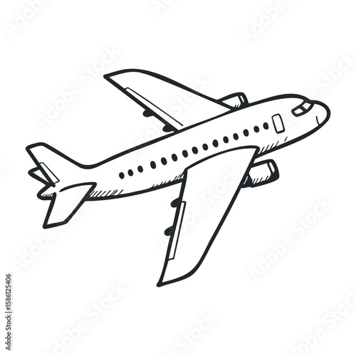 Simple black and white line drawing of a commercial airplane in flight. Hand drawn vector illustration