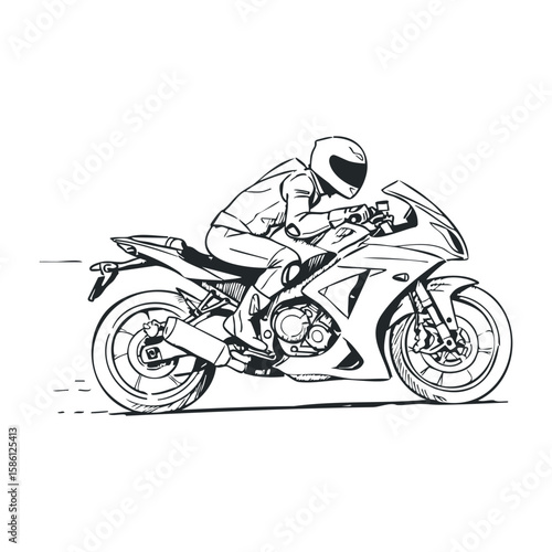 Sketch of a motorcyclist riding a speeding sports motorcycle. Hand drawn vector illustration