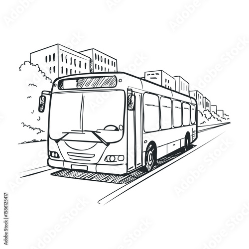 City bus on urban street with buildings and trees in black and white drawing. Hand drawn vector illustration