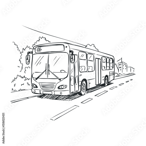Black and white sketch of a city bus on a road with trees and buildings. Hand drawn vector illustration