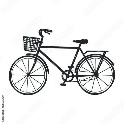 Black and white bicycle sketch with basket and detailed frame design. Hand drawn vector illustration