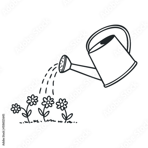 Black and white watering can tending to blooming flowers illustration. Hand drawn vector illustration