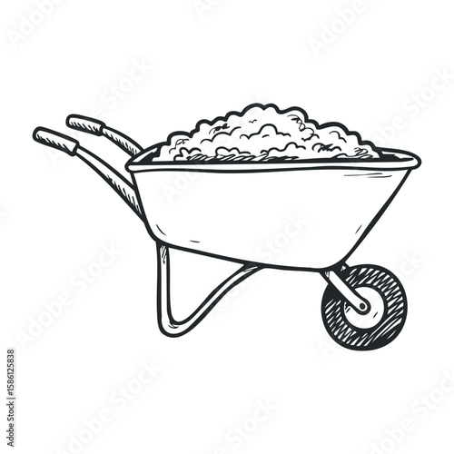 Monochrome wheelbarrow filled with soil in minimalist hand-sketched style. Hand drawn vector illustration