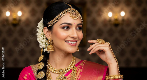 A beautiful indian woman adorned with traditional gold jewelry smiles softly