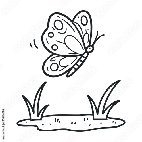 Hand-drawn butterfly in flight over pond with grass illustration. Hand drawn vector illustration