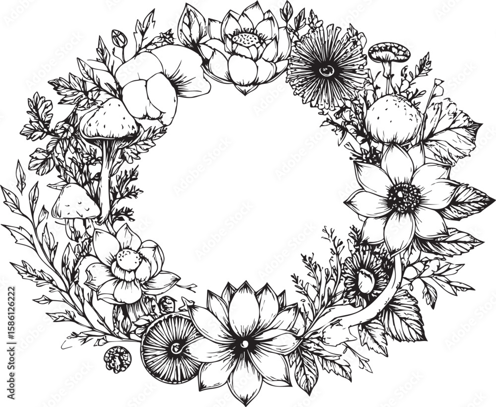 Fototapeta premium Mystic Garden Circle: Floral Fungi Frame