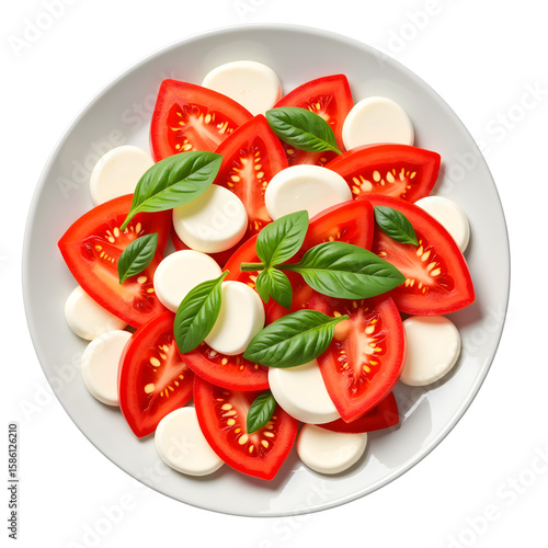 Caprese salad arranged with tomato slices, mozzarella, and basil, white backgroundon plate  