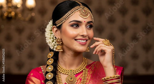 An indian woman with a radiant smile wears traditional gold jewelry