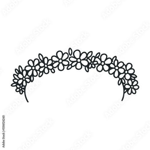Black floral headband with intricate flower design for elegant hair styling. Hand drawn vector illustration