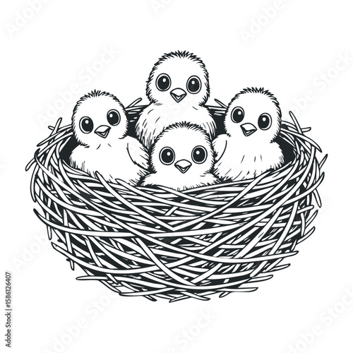 Cute baby birds nestled together in a nest line art illustration. Hand drawn vector illustration