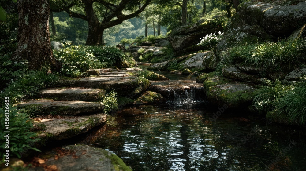 Fototapeta premium Serene Stone Steps & Stream in Lush Garden