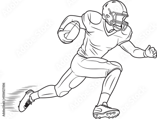 American Football Player Running with Ball in Black and White Vector Illustration