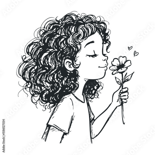 Young hispanic female child with curly hair holding a flower and smiling in black and white drawing. Hand drawn vector illustration