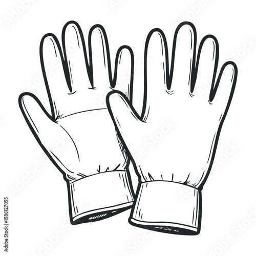 Sketch of protective work gloves in monochrome with detailed lines. Hand drawn vector illustration
