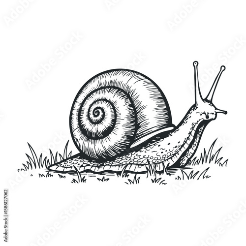 Detailed sketch of a snail crawling through grass with intricate shell patterns. Hand drawn vector illustration