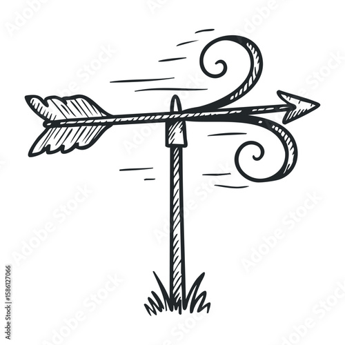 Hand-drawn weather vane arrow with decorative swirls in black and white. Hand drawn vector illustration