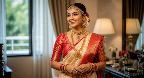 Beautiful indian bride in traditional wedding sari and gold jewelry smiling