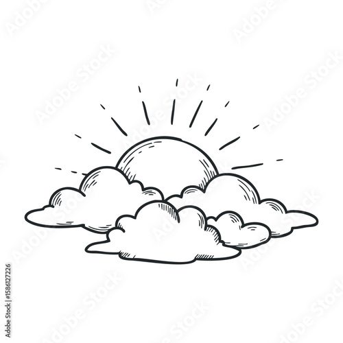 Hand-drawn sun rising over clouds with radiating sunbeams in black and white. Hand drawn vector illustration