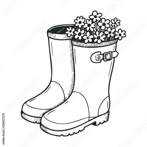 Sketch of rubber boots with flowers inside. Hand drawn vector illustration