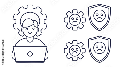 Person with laptop and gear icons with sad faces and shields icons icon png icons icon 192 png