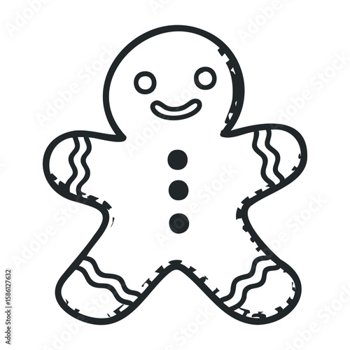Black and white gingerbread man outline drawing with smiling face. Hand drawn vector illustration