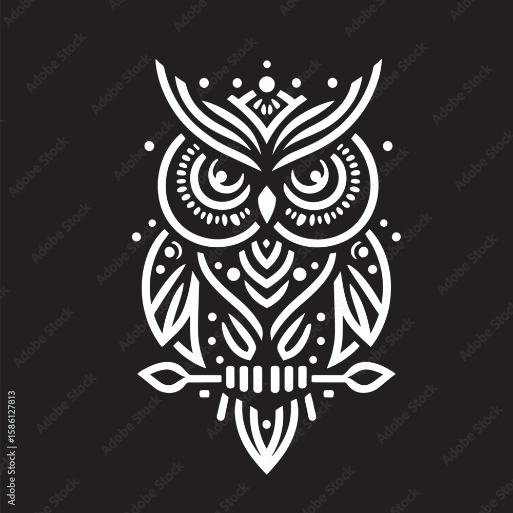 Black background with owl tattoo. Black and white illustration. Tattoo art Black background with owl tattoo. Black and white illustration. Tattoo art