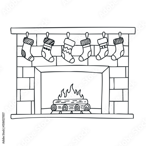 Black and white fireplace drawing with christmas stockings on mantel. Hand drawn vector illustration