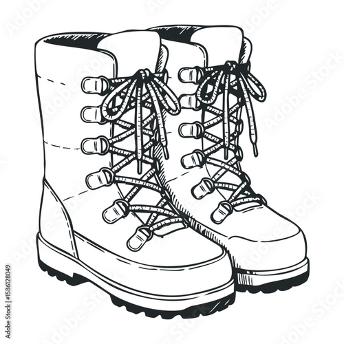 Sturdy lace-up winter boots with thick soles and detailed stitching. Hand drawn vector illustration