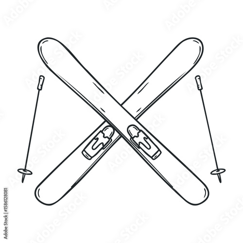 Crossed ski poles and skis line drawing for winter sports enthusiasts. Hand drawn vector illustration