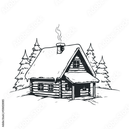 Cozy snow-covered cabin in winter forest with tall pine trees. Hand drawn vector illustration