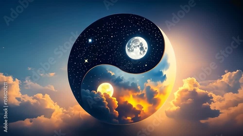 Yin yang symbol with night sky and full moon one side and bright sun with clouds other blending day and night beautifully representing balance