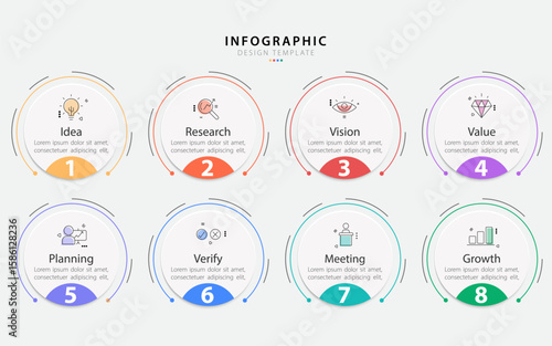 Timeline Creator infographic template. 8 Step timeline journey, calendar Flat simple infographics design template. presentation graph. Business concept with 8 options, gantt vector illustration.