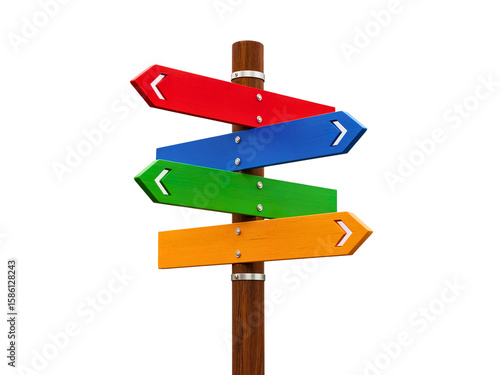 Colorful wooden directional signpost on white
