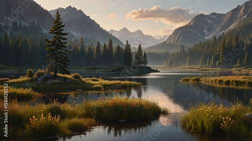 Golden Hour Valley Serene Lake, Pine Mountains and Wildflowers Vista V2