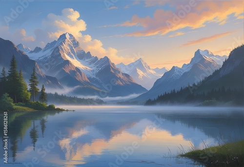 Serene mountain lake landscape painting with reflections and peaceful scenery