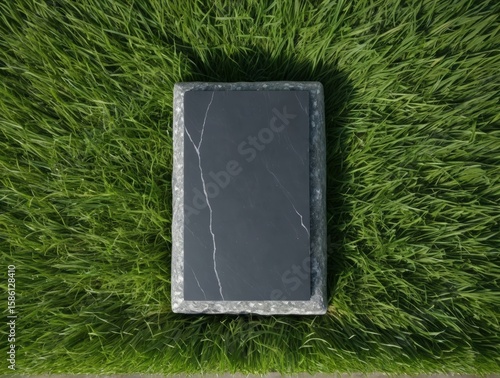Flat rectangular dark gray slate grave marker with empty surface in lush green grass. Top-down aerial view, gravestone edges overlapped by blades of grass, surrounded by vibrant lawn.