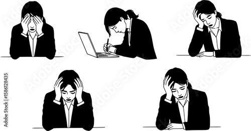 Four drawings of a tired exhausted businesswoman
