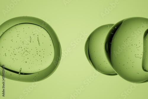 Cluster of transparent green glass spheres, isolated on plain background, abstract 3D molecules or liquid drops for science, medicine, chemistry or futuristic design illustration
