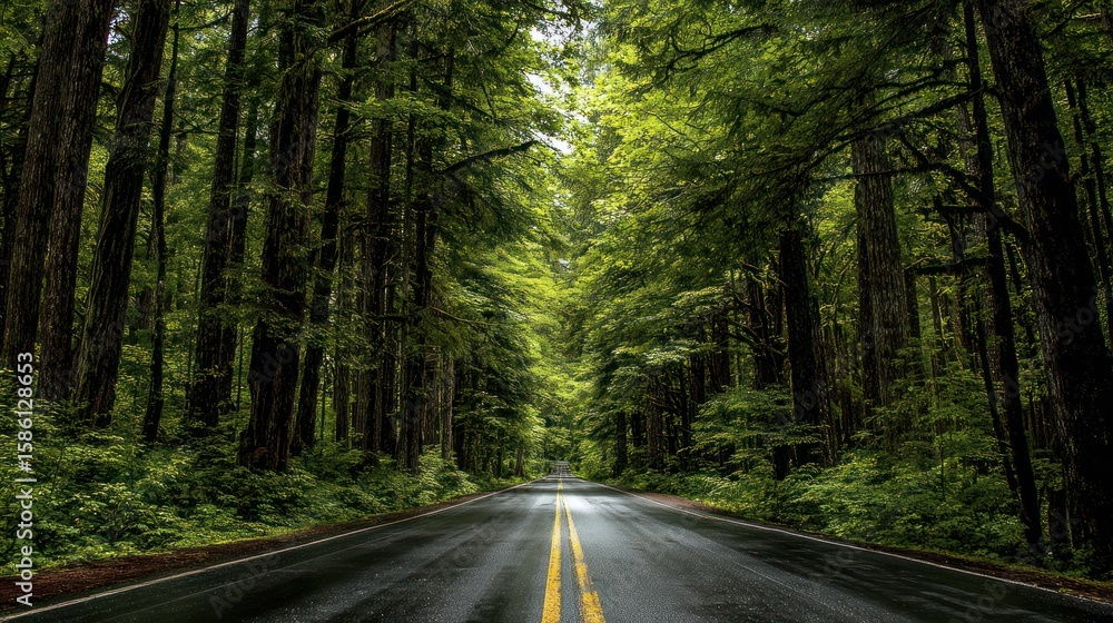 Fototapeta premium Asphalt road winds through a dense, green forest of tall, mossy trees