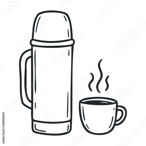 Hand-drawn thermos and coffee cup - minimalist black and white line art. Hand drawn vector illustration