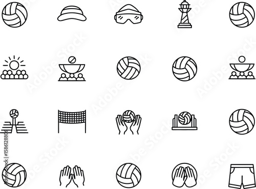 Beach Volleyball Icons Balls, Net, Sun, Hands, Gear Outline Style on Transparent
