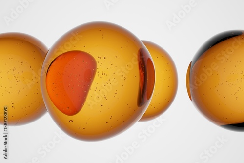 Macro shot of glossy golden spheres with visible internal bubbles, on clean white background, abstract 3D molecular or cosmetic design for science, biology, chemistry or luxury concepts