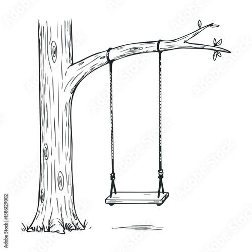 Simple black and white drawing of a tree with a hanging swing. Hand drawn vector illustration