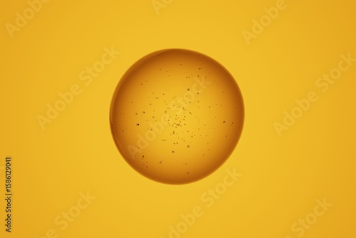 Close-up of glowing translucent orb with speckled internal texture, isolated on vibrant yellow background, abstract molecular sphere for science, energy, biology or futuristic concepts