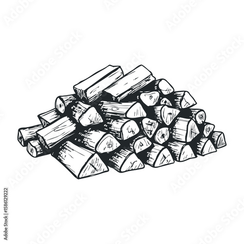 Stack of firewood logs in black and white line art illustration. Hand drawn vector illustration