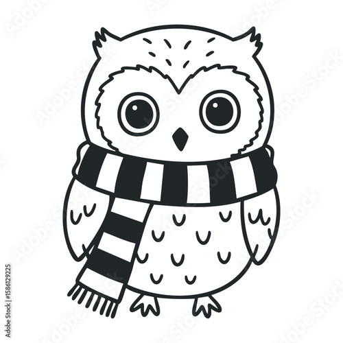 Black and white owl with striped scarf illustration. Hand drawn vector illustration